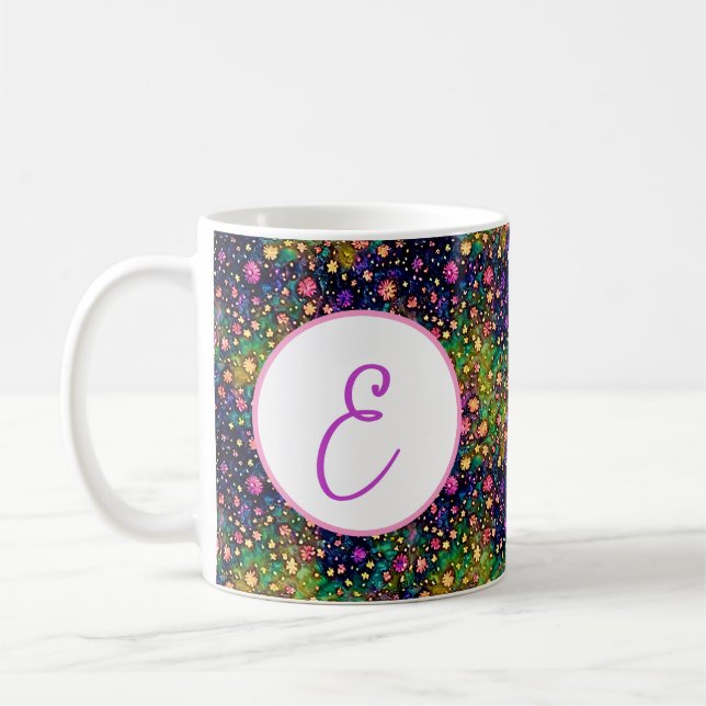 Colourful watercolor flowers pattern monogram coffee mug (Left)