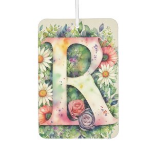 Colourful Watercolor Flowers Personalised Monogram Car Air Freshener