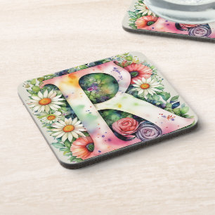 Colourful Watercolor Flowers Personalised Monogram Coaster