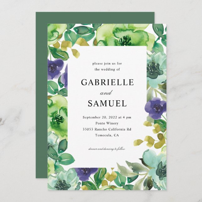 Colourful Watercolor Flowers Sage Green Wedding Invitation (Front/Back)
