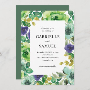 Colourful Watercolor Flowers Sage Green Wedding Invitation