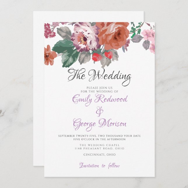Colourful Watercolor Flowers Wedding Invitation (Front/Back)