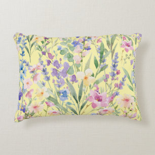 Colourful Watercolor Flowers Yellow Decorative Cushion