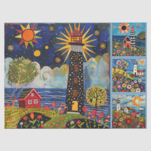 Colourful Watercolor Folk Art Light Houses Tissue Paper