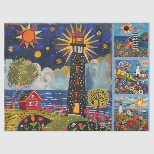 Colourful Watercolor Folk Art Light Houses  Tissue Paper (Front)