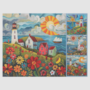 Colourful Watercolor Folk Art Light Houses Tissue Paper