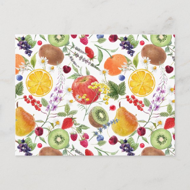 Colourful Watercolor Fruit and Herb Pattern  Postcard (Front)