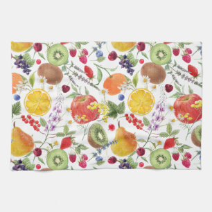 Colourful Watercolor Fruit and Herb Pattern  Tea Towel