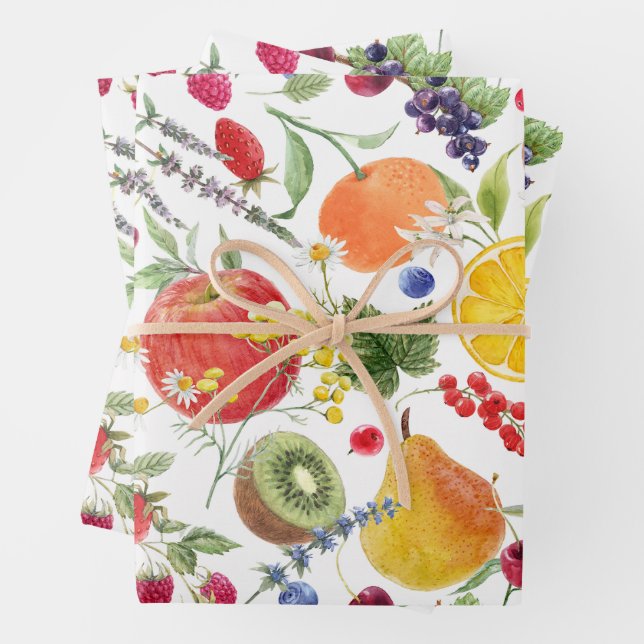 Colourful Watercolor Fruit and Herb Pattern Wrapping Paper Sheet (In situ)