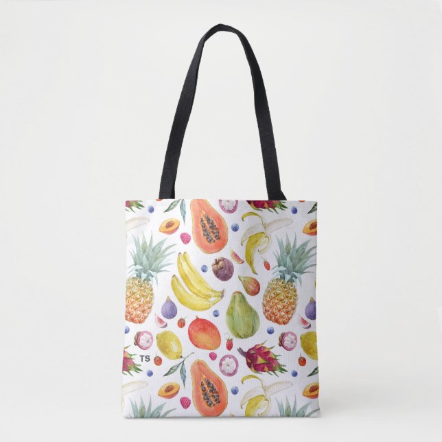 Colourful Watercolor Fruits Pattern Monogram Tote Bag (Front)