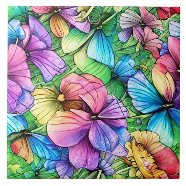 Colourful Watercolor Garden Ceramic Tile (Front)