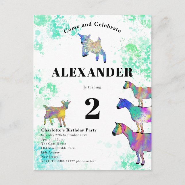 Colourful Watercolor Goats Birthday Party Invitation Postcard (Front)