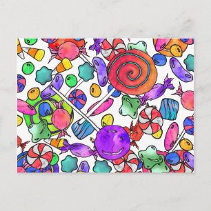 Colourful Watercolor Hand Drawn Candy Pattern Postcard