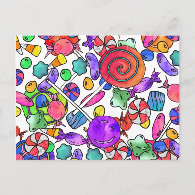 Colourful Watercolor Hand Drawn Candy Pattern Postcard (Front)