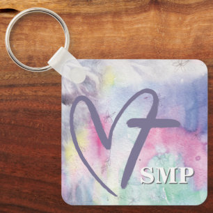 Colourful Watercolor Heart Cross Monogram Key Ring