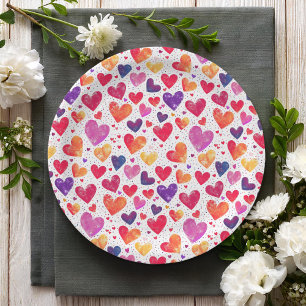 Colourful Watercolor Hearts Mother's Day Paper Plate