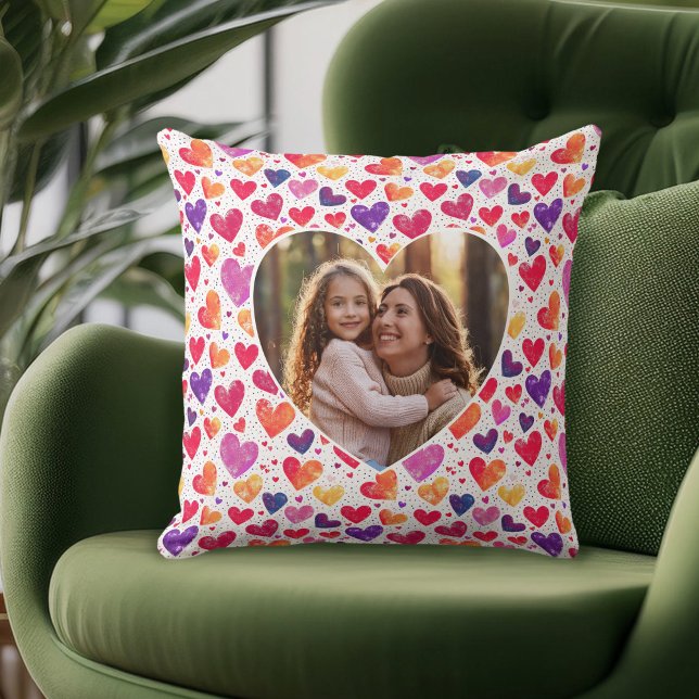 Colourful Watercolor Hearts Mother's Day Photo Cushion (Creator Uploaded)