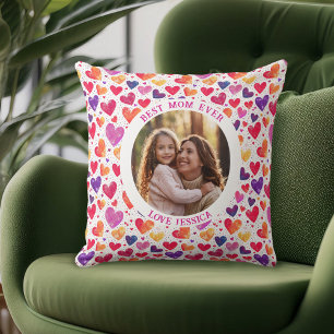 Colourful Watercolor Hearts Mother's Day Photo Cushion