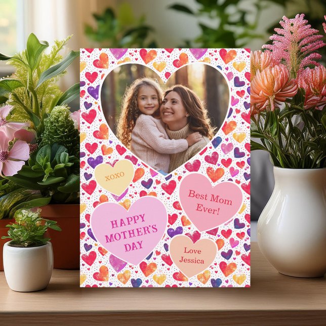Colourful Watercolor Hearts Mother's Day Photo  Holiday Card (Creator Uploaded)
