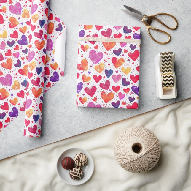 Colourful Watercolor Hearts Pattern Wrapping Paper (Crafts)