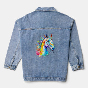 Colourful watercolor horse head design denim jacket