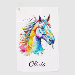 Colourful watercolor horse head design golf towel