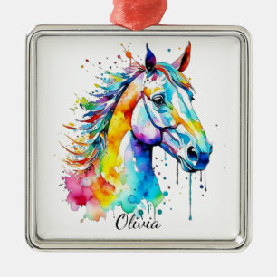 Colourful watercolor horse head design metal ornament