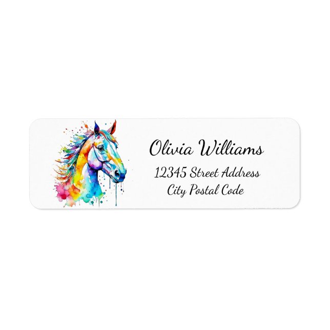 Colourful watercolor horse head design  return address label (Front)