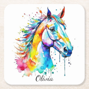 Colourful watercolor horse head design  square paper coaster