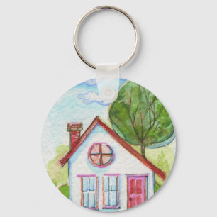 Colourful Watercolor House Key Ring