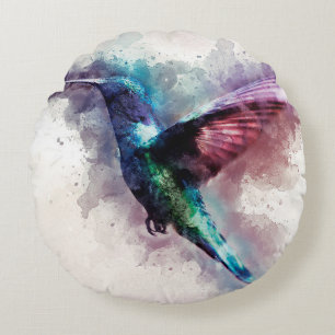 Colourful Watercolor Hummingbird Round Cushion