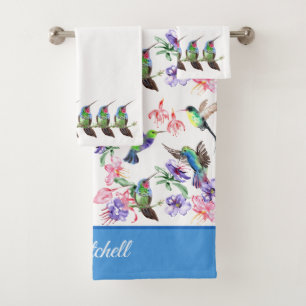 Colourful Watercolor Hummingbirds Flowers Bath Towel Set
