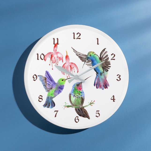 Colourful Watercolor Hummingbirds Large Clock (Creator Uploaded)