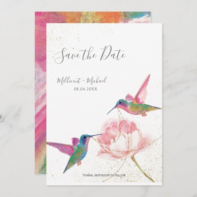 Colourful Watercolor Hummingbirds Save the Date (Front/Back)