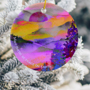 Colourful watercolor landscape holiday ceramic ornament