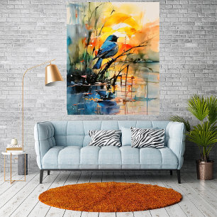 Colourful Watercolor Landscape Lake and Bird Poster