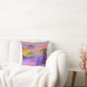 Colourful watercolor landscape painting cushion