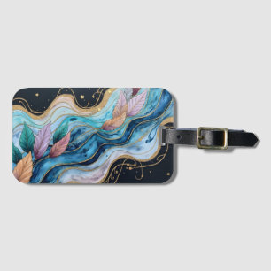 Colourful watercolor leaves on blue luggage tag