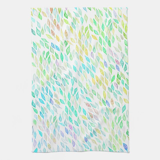 Colourful Watercolor Leaves Pattern Tea Towel (Vertical)