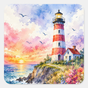 Colourful Watercolor Lighthouse by the Sea Square Sticker