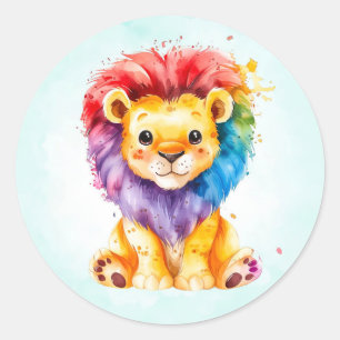 Colourful Watercolor Lion Any Gender Baby Shower Classic Round Sticker