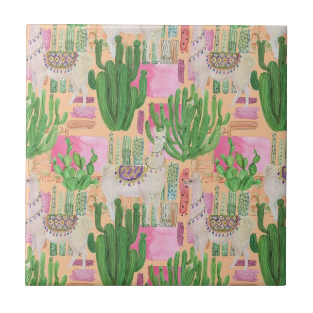 Colourful Watercolor Llama Pattern Ceramic Tile (Front)