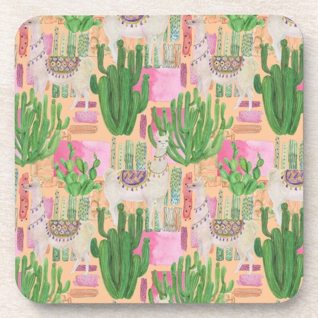 Colourful Watercolor Llama Pattern Coaster (Front)