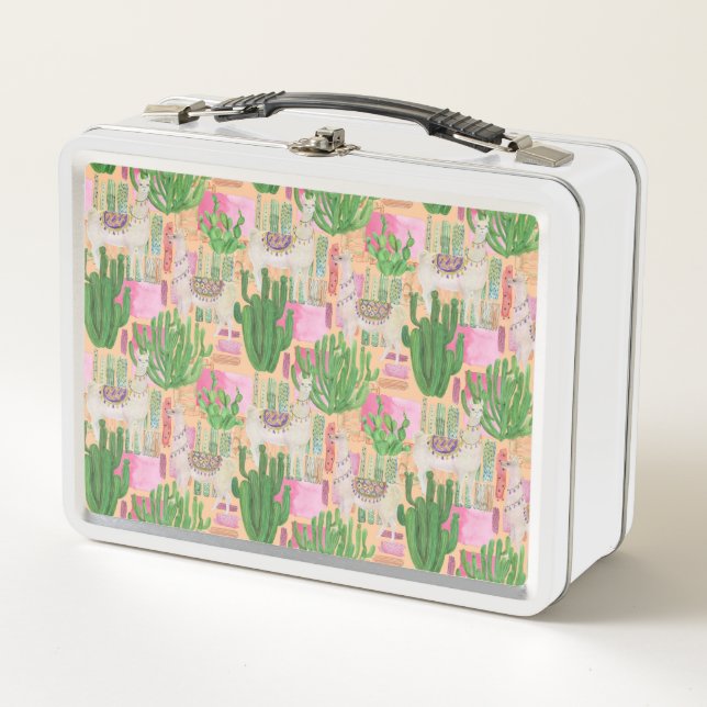 Colourful Watercolor Llama Pattern Metal Lunch Box (Front)