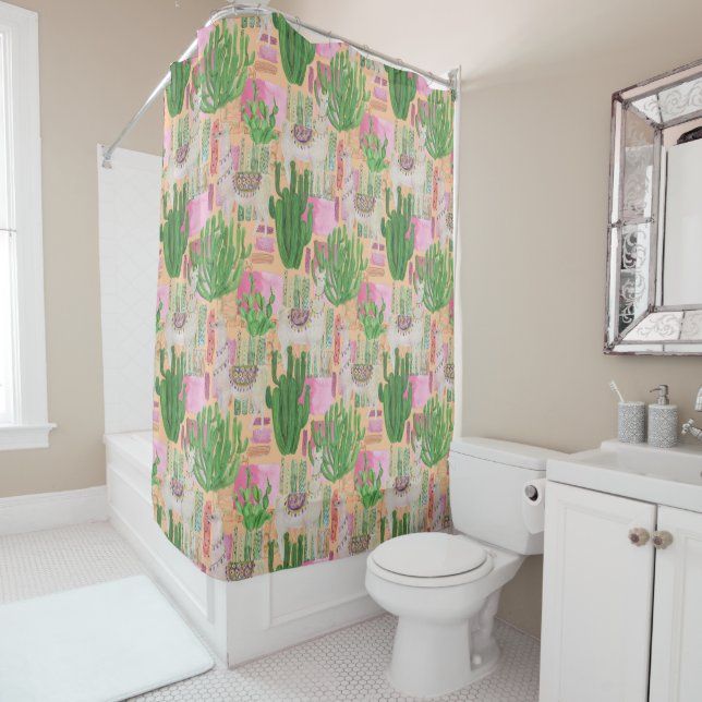 Colourful Watercolor Llama Pattern Shower Curtain (In Situ)