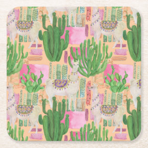 Colourful Watercolor Llama Pattern Square Paper Coaster