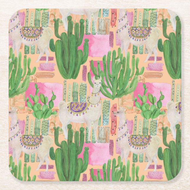 Colourful Watercolor Llama Pattern Square Paper Coaster (Front)