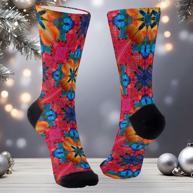Colourful Watercolor Merry Christmas Pattern Socks (Christmas socks featuring a modern abstract geometric watercolor design in seasonal warm red)