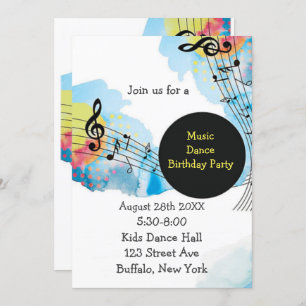 Colourful Watercolor Music Dance Birthday Party Invitation