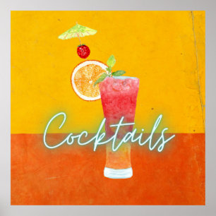 Colourful Watercolor & Neon Tropical Cocktails Poster